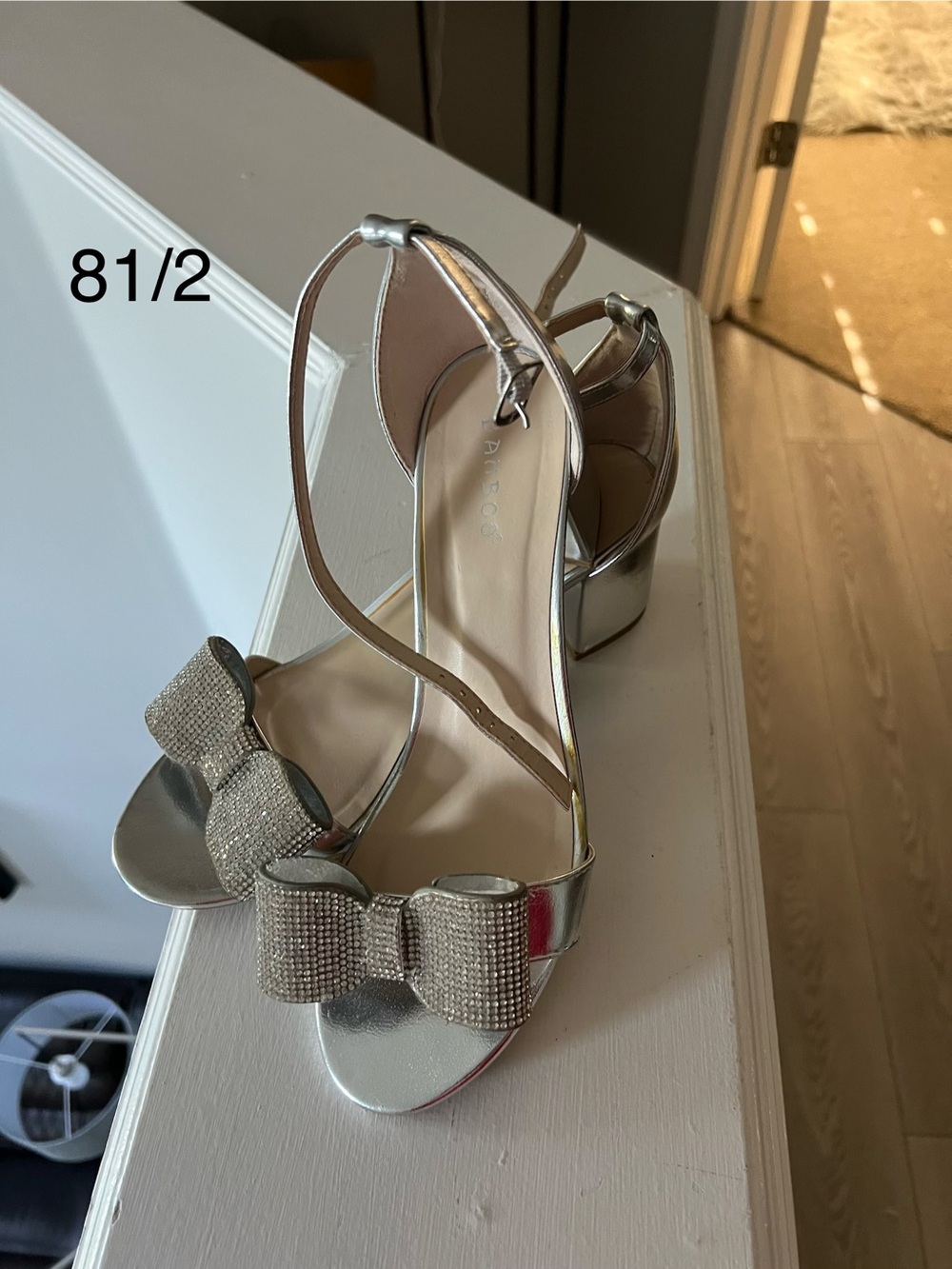 Sparkling Silver Bow Block-Heel Sandals with Ankle Strap